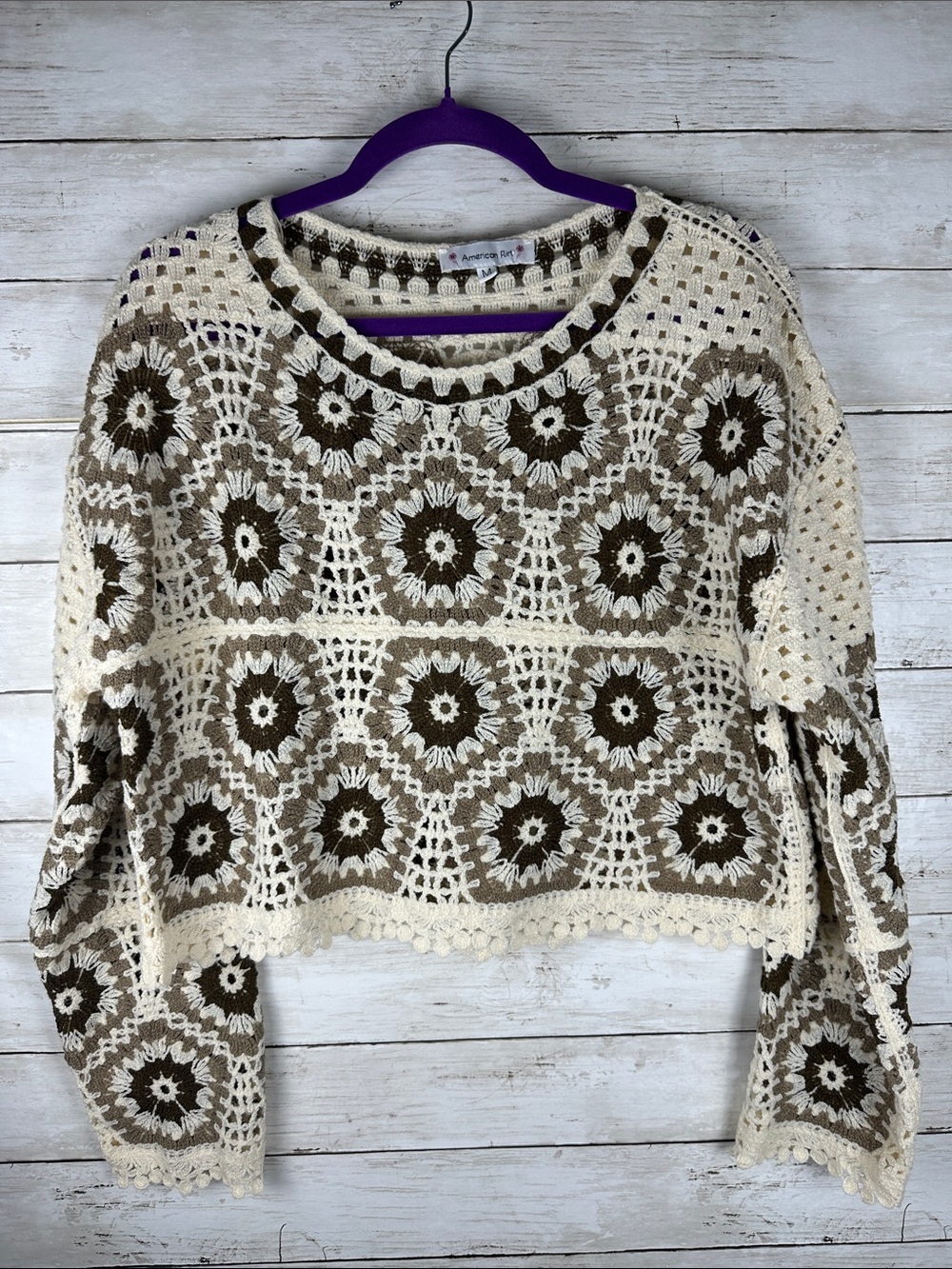 American Flirt Floral Crochet Granny Square Boho Top Brown & Cream Size M